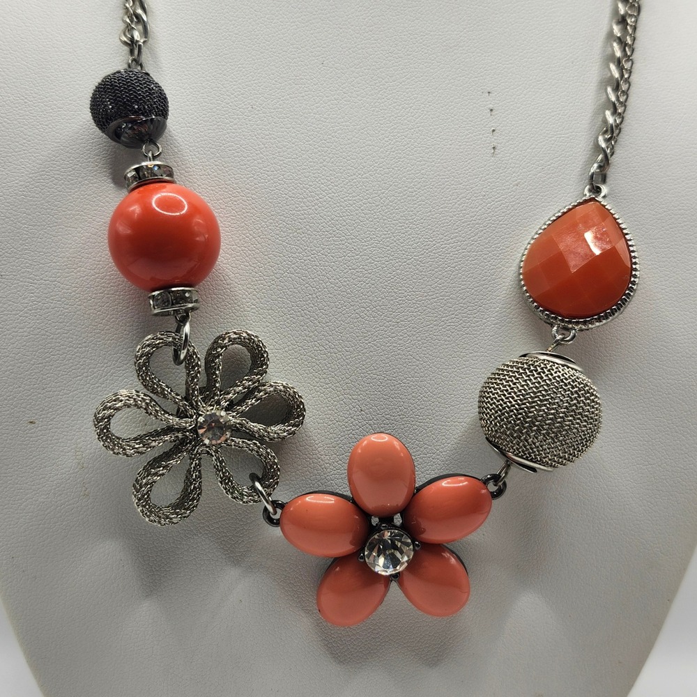 Simply Vera Wang Silver Tone Orange Beaded Floral Statement Necklace